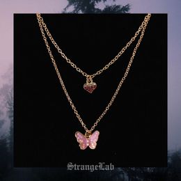 Pendant Necklaces Bling Butterfly Heart 2 Layered Necklace A Set Aesthetic Cute Harajuku Y2K Sweet Girl Drop