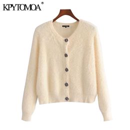 Women Fashion Faux Fur Cropped Knitted Cardigan Sweater O Neck Long Sleeve Female Outerwear Chic Tops 210420