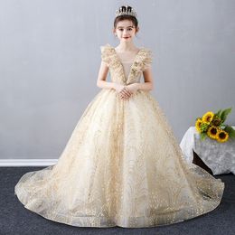 Custom-Made Cheap Gold Flower Dresses With Beautiful Jewel Neckline Lilac Satin And Tulle Pretty Big Bowknot Back Pageant Gowns For Girls 403