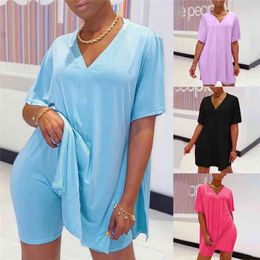 Summer Short Two Piece Set Women Clothes Casual V Neck T Shirt Top And Shorts Set Streetwear Sexy 2 Piece Outfits For Women Suit X0522