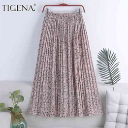 TIGENA Chiffon Long Pleated Skirt Women Fashion Summer Floral Print Holiday A Line High Waist Maxi Skirt Female Aesthetic 210721