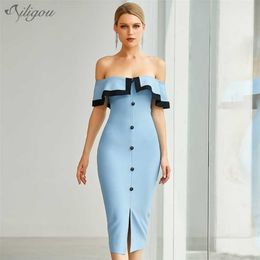 Latest Women'S Sky Blue Sexy Off-Shoulder Ruffled Bodycon Rayon Bandage Dress Elegant Club Party Vestidos 210525