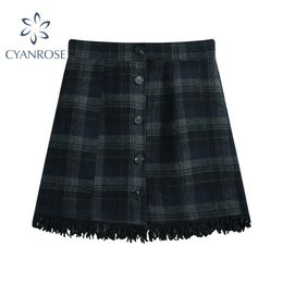 Summer Tassel Plaid Crop Skirt For Women Single Breasted A-Line High Waist Skirts Elegant Preppy Style Chic Vintage Clothes 210417