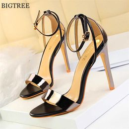2021 Ankle Buckle Stiletto Women's Sandals Summer Shoes Open Toe High Heels Sexy Party Office Leather Sandals Woman Big Size 40 Y0721