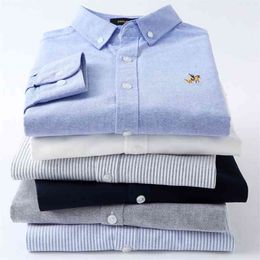 Casual Pure Cotton Oxford Striped Shirts For Men Long Sleeve Embroidery Design Regular Fit Fashion Stylish 210410