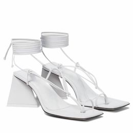 2024 Satin Ladies Leather Chunky High Heel Sandals Solid Cross-tied Lace Up Peep-toe Square Toe Head Wedding Party Shoes Size 34-43 White