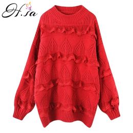 H.SA Knitted Sweater and Pullovers Lace Jumpers Ruffles Cute Girls Sweet Pink Knitwear Pull Tops Long Sweaters 210417