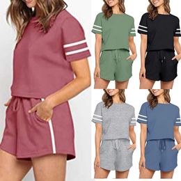 2021 summer new ladies pure color casual striped sports short-sleeved shorts all-match two-piece suit X0428