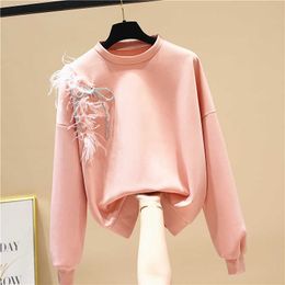 Spring Feather Bow Patchwork Loose Pink O Neck Full Casual Top Sweatshirt Women 210615