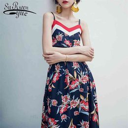 sexy strap v-neck floral print chiffon women dress fashion Bohemian style Holiday Beach summer 3292 50 210521