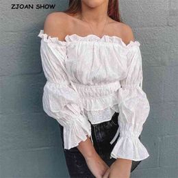 Women White Embroidery Hollow out Hole Wood ears Off Shoulder Leg Sleeve Shirt Retro Elastic Ruched Short Blouse Sweet Tops 210429