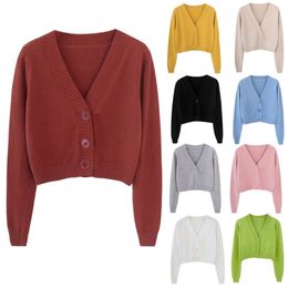 Women Autumn Long Sleeve Sweater Cardigan Sexy V-Neck Button Down Cropped Jacket Sweet Solid Candy Colour Loose Knitted Outwear C 211018