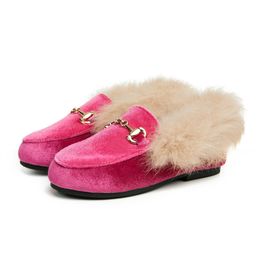 New Winter Kids Fur Shoes Children Leather Shoes Baby Girls Warm Flats Toddler Black Brand Shoes Princess Loafer Sweet Moccasin G1126