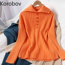 Korobov Preppy Style Sweet Women Sweater Korean Turn-Down Collar Long Sleeve Sueter Mujer New Chic Single Breasted Pullover 210430