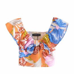 Fashion Floral Printed Slash Neck Cropped Blouse Summer Sexy Backless Beach Playing Street Cute Girls Tube Short Tops 210521