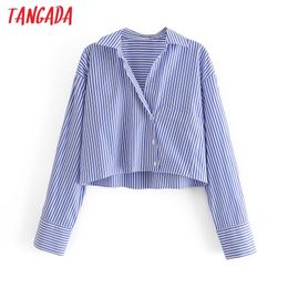 Women Retro Blue Striped Print Crop Long Sleeve Chic Female Short Blouse Shirt Tops 3H75 210416