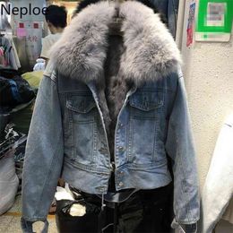 Autumn Winter Slim Fit Denim Jacket Women Thick Patchwork Fox Fur Collar Chaquetas Mujer Student Coat 46183 210422