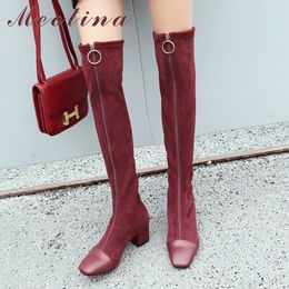 Winter Thigh High Boots Women Genuine Leather Thick Heel Over The Knee Slim Stretch Shoes Ladies Fall Size 40 210517