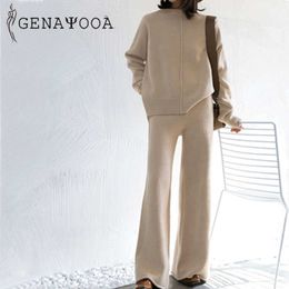 Genayooa Winter Tracksuit 2 Piece Pant Suits For Women Knitted Long Sleeve Two Set Top And Pants Suit Outwear Korean 210930