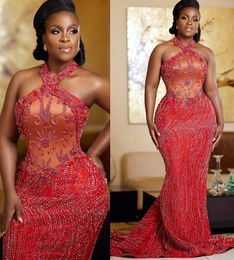 2022 Plus Size Arabic Aso Ebi Red Luxurious Mermaid Prom Dresses Lace Beaded Evening Formal Party Second Reception Birthday Engagement Gowns Dress ZJ303