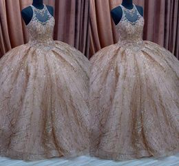 Glittery Rose Pink Ball Gown Sweet 16 Dresses Prom Rhinestones Beaded Cap Sleeve Jewel Corset Back Vestido De Quinceanera Dress Graduation Party