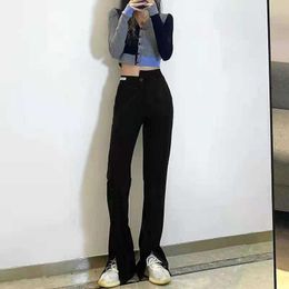 Ssolid Colour Slim High Waist Bag Hip Korean Fashion Split Wide Leg Pants Floor-Length Streetwear Female Trouser Suits Autumn Q0801