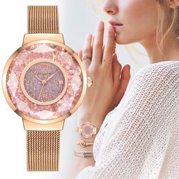 -Women Women's Women's Women Fashion Casual Rose Gold Mesh Romantique Stare Stare Stare En Acier Inoxydable Bande de quartz Bracelet Montre Reloj Mujer
