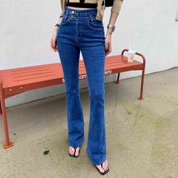 Elastic Cotton Denim Korean Style High Waist Washed Autumn Dark Blue Casual Button Flare Pants Jeans Women 756i 210420