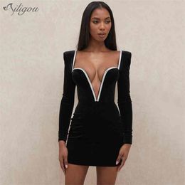 Summer High Quality Black Sexy Celebrity Long Sleeve Deep V Neck Tight Dress Elegant Club Party Vestidos 210525