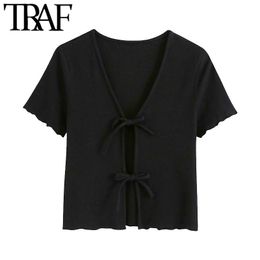 TRAF Women Sweet Fashion Lace-up Ribbed Cropped Blouses Vintage V Neck Short Sleeve Female Shirts Blusas Chic Tops 210415