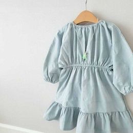 Retail Kids Dresses for Girls Autumn Cotton Long Sleeve Blue Elastic Waist Casual Dress Baby Clothes 1-6Y E19025 210610