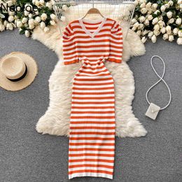 Neploe Summer Women Knitted Dress Korean Temperament V Neck Puff Sleeve Vestidos Fashion Vintage Striped Bodycon Maxi Dresses C0607