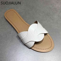 SUOJIALUN 2021 Women Brand Slippers New Summer Flat Heel Slides Open Toe Flat Casual Beach Flip Flop Ladies Leisure Sandal Shoes K78