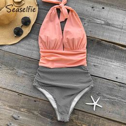 SEASELFIE Sexy Pink and Stripe Halter Deep V-neck One-Piece Swimsuit Women Padded Monokini Beach Bathing Suit Swimwear 210407