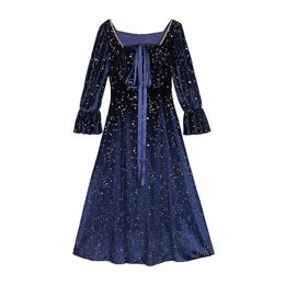 Women Vintage Navy Blue Square Collar Bow Long Sleeve Velvet Stamping A-line Midi Evening Paty Drees D2191 210514