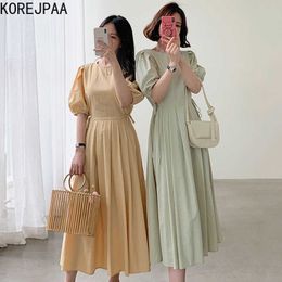 Korejpaa Women Dress Summer Korean Chic French Simple Round Neck Single-Breasted Lace-Up Waist Puff Sleeve Pleated Vestidos 210526