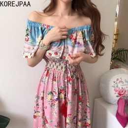 Korejpaa Women Dress Summer Korea Chic Retro Ethnic Style One-Shoulder Large Lapel Single-Breasted Lace-Up Floral Vestidos 210526