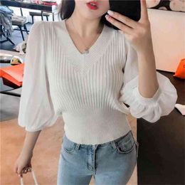 Puff Sleeve V-neck Loose Sweater Female Solid Color Elastic 3/4 Thin Section Knitted Pullover Women Spring Summer 210427