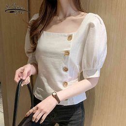 Vintage Linen Cotton Shirt Woman's Blouses korean Slim Ropa De Mujer Short Sleeve Top Puff Solid Button Shirts 9637 210521