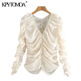 Women Fashion With Elastic Gathering Pleated Blouses V Neck Long Sleeve Female Shirts Blusas Chic Tops 210420