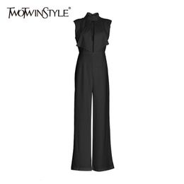 TWOTWINSTYLE Solid Minimalist Jumpsuit For Women Stand Collar Sleeveless High Waist Wide Leg Pants Casual Jumpsuits Female 210517