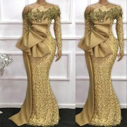 2022 Arabic Mermaid Evening Dresses Wear Gold Sequined Lace Custom Made Sexy Off Shoulder Prom Long Sleeve Robe De Marrige Sweep T236P