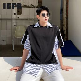 IEFB Summer Fashion Korean Striped Contrast Color Patchwork Short Sleeve Men's T-shirts Design Detachable Shirt Collar Tee Tops 210524
