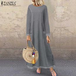 Fashion ZANZEA Women Long Sweatshirt DrAutumn Long Sleeve Lace Patchwork SundrSolid Vestido Robe Femme Winter Dresses X0529