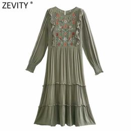 Zevity Women Elegant O Neck Flower Embroidery Agaric Lace Casual Midi Dress Chic Female Long Sleeve Ruffles Vestido DS5008 210603