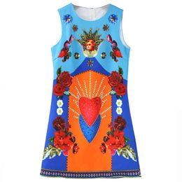 Blue Patchwork Print Sequined Zipper O Neck Sleeveless Tank Vest Mini A Line Dress Summer D1629 210514