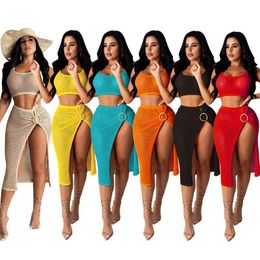 Fashion Women Two Piece Set Beach Dress Fishnet Crop Top And High Split Casual Bething Suit Holiday S-XXL Women's Swimwear