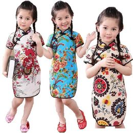 Rose Floral Baby Girls Qipao Dress Chinese Traditional Chi-pao Fashion New Year Children Dresses Kids Cheongsam Linen Clothes Q0716