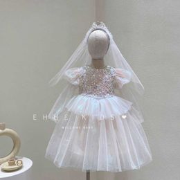 Fashion Korean Girls Clothes Sequins Tutu Princess Dress for Children Short Sleeve Summer Party Gown Vestido 210529