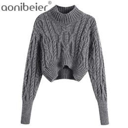 Women Autumn Fashion Knitted Gray Turtleneck Pullover Tops Female Casual Long Sleeve Short Thick Sweaters Jumpers 210604